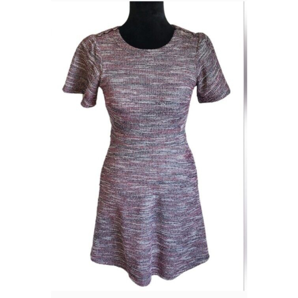 Loft pink tweed midi fit & flare dress w/ pockets short sleeves, size 0